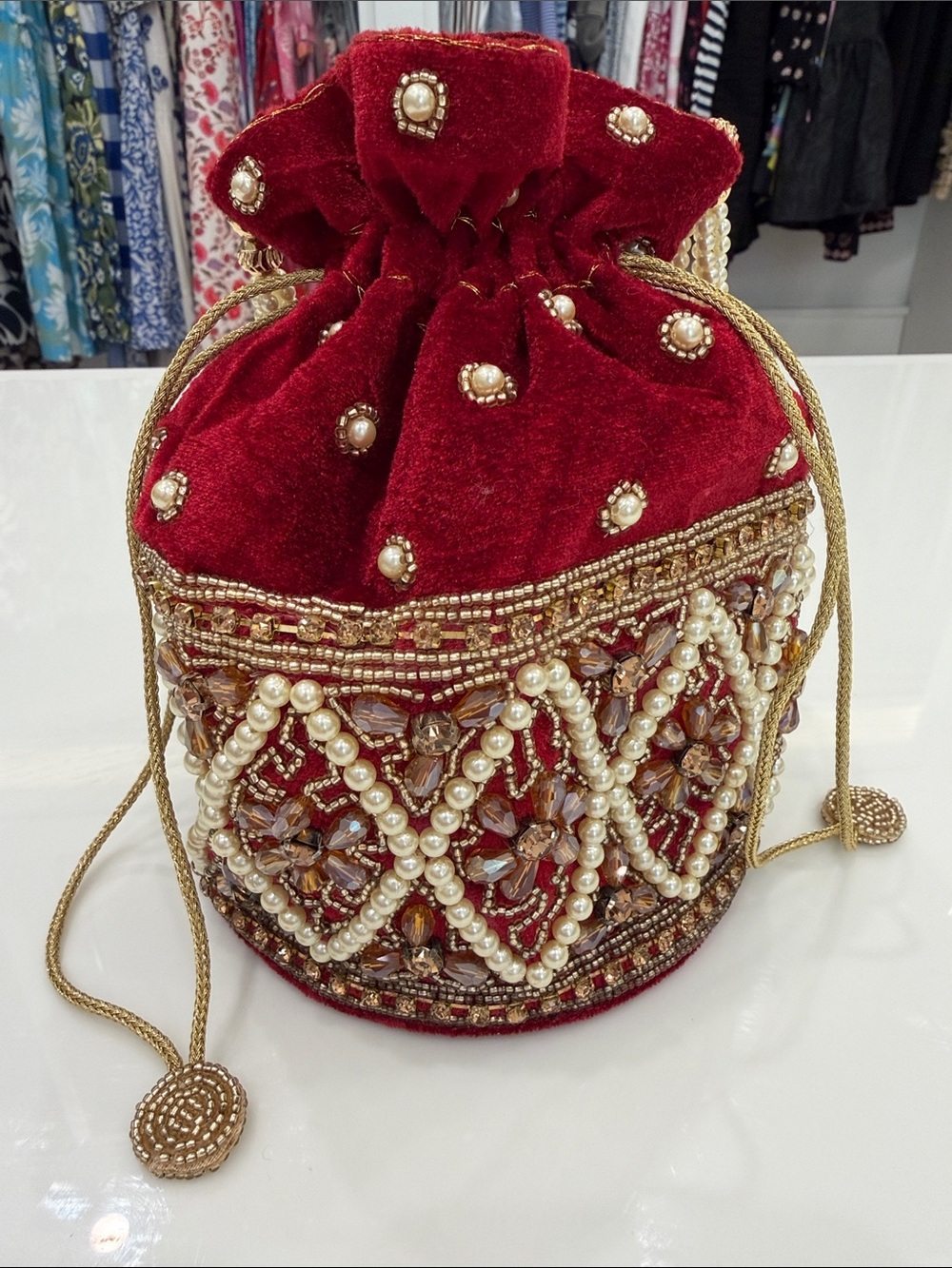 Embellished Red Velvet Drawstring Pouch Bag